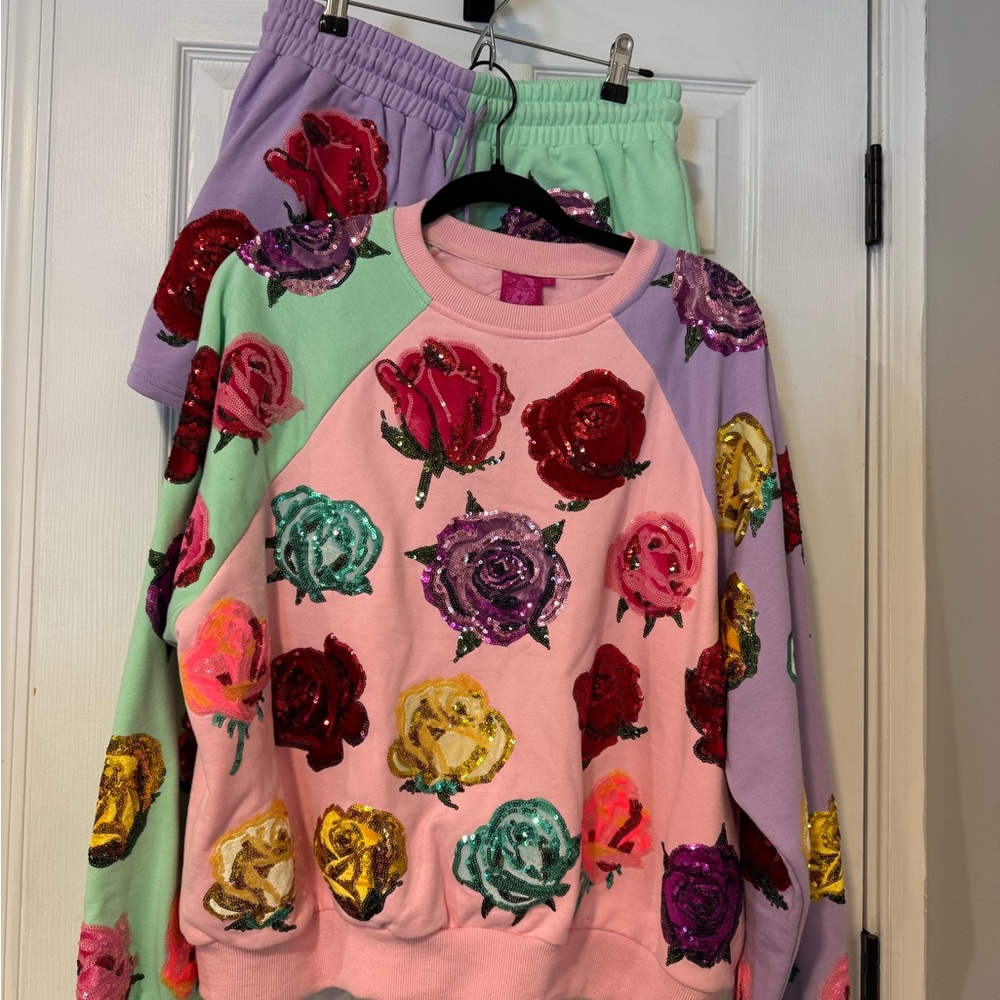 Queen of Sparkles Rose Sequin Sweatshirt (L) and Shorts (M) Set